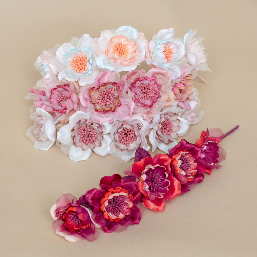 Montaje de 5 flores sobre alambre en colores vivos y pastel para usar como corona de flores, tiaras para comunión o vestidos